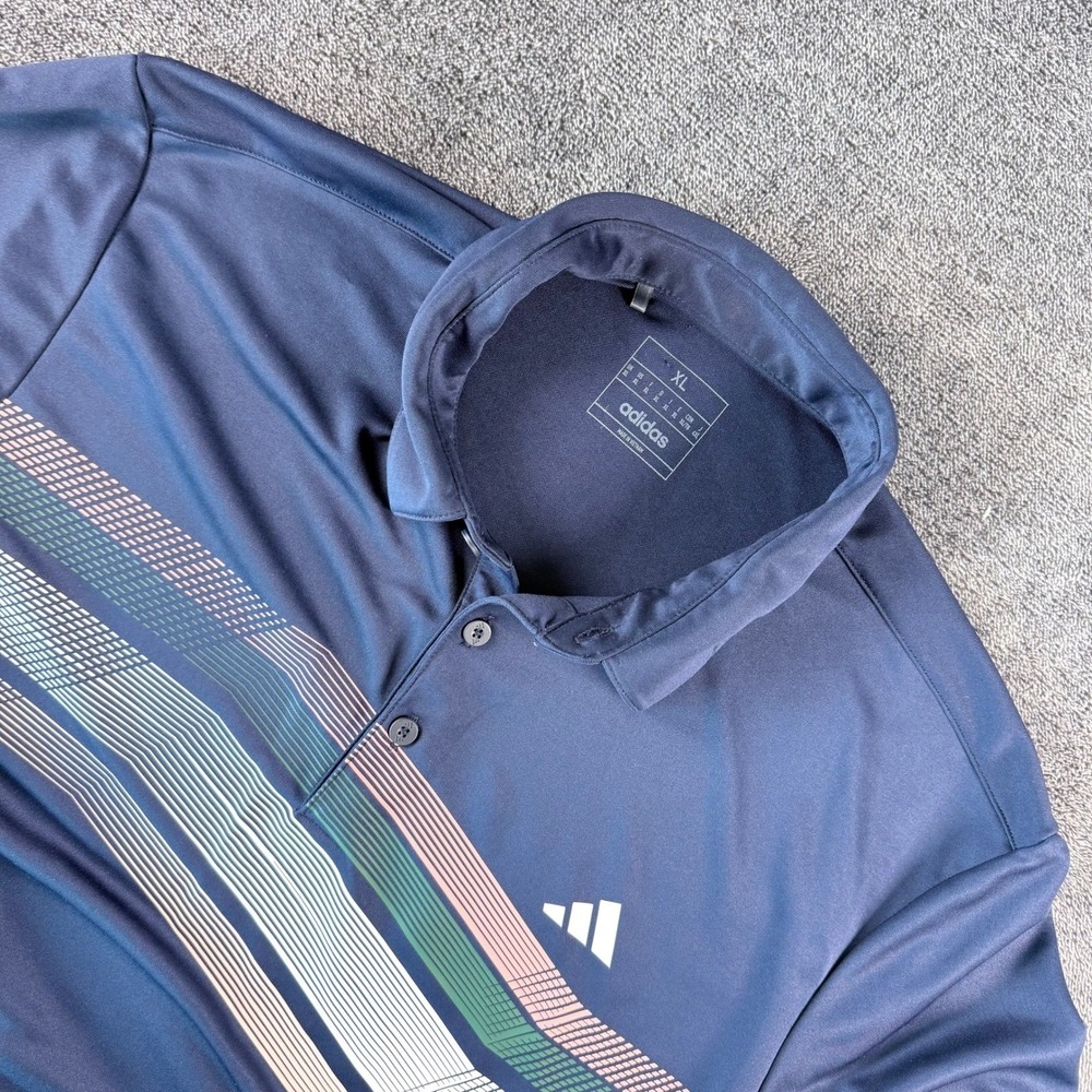 Adidas Golf Polo Shirt Mens XL Navy Blue Graphic Stripe Short Sleeve Performance
